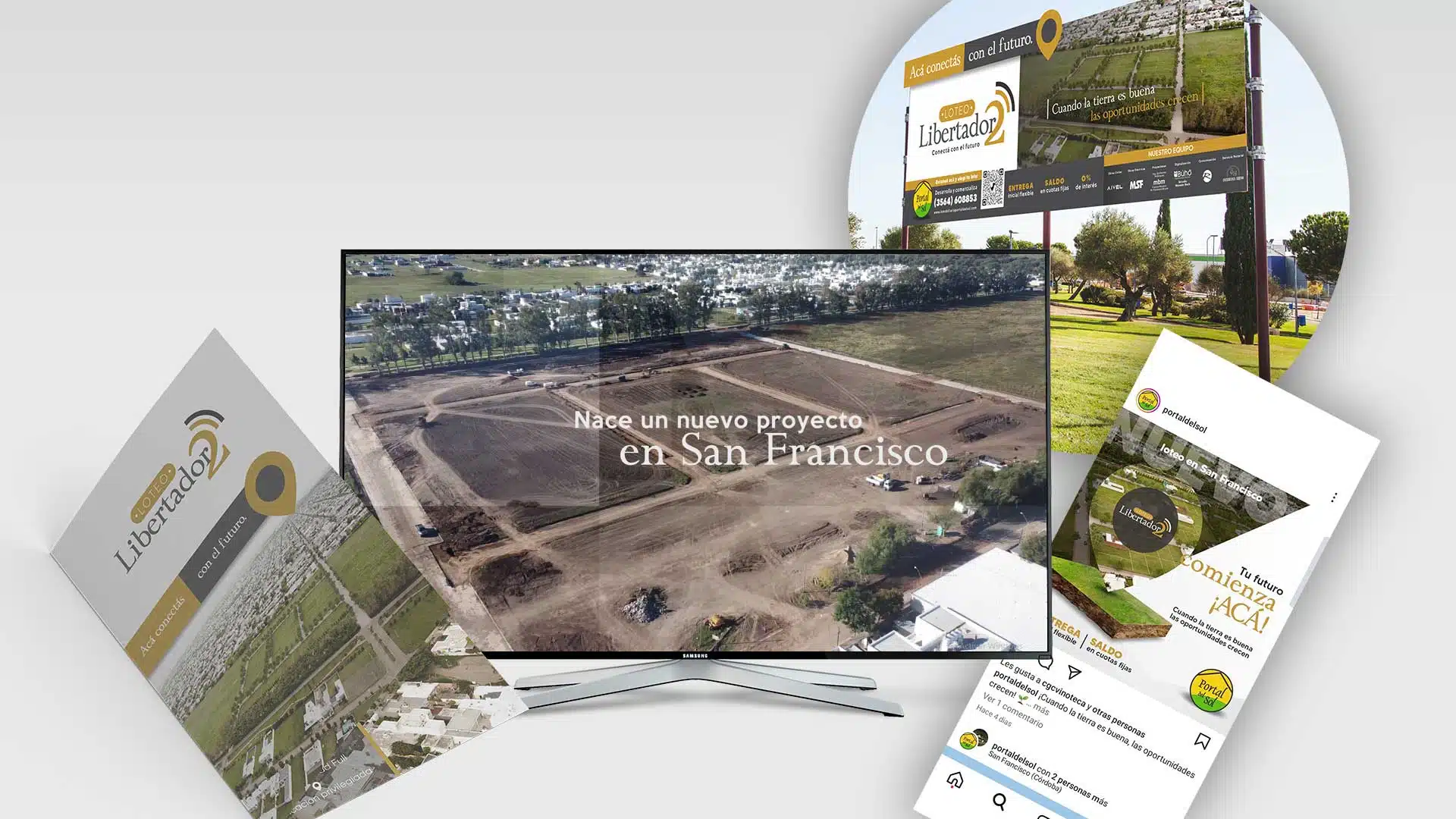 Desarrollo de Marca, folletería, cartelería, audiovisual y publicidad en redes sociales para Loteo del Libertador 2 de Inmobiliaria Portal del Sol